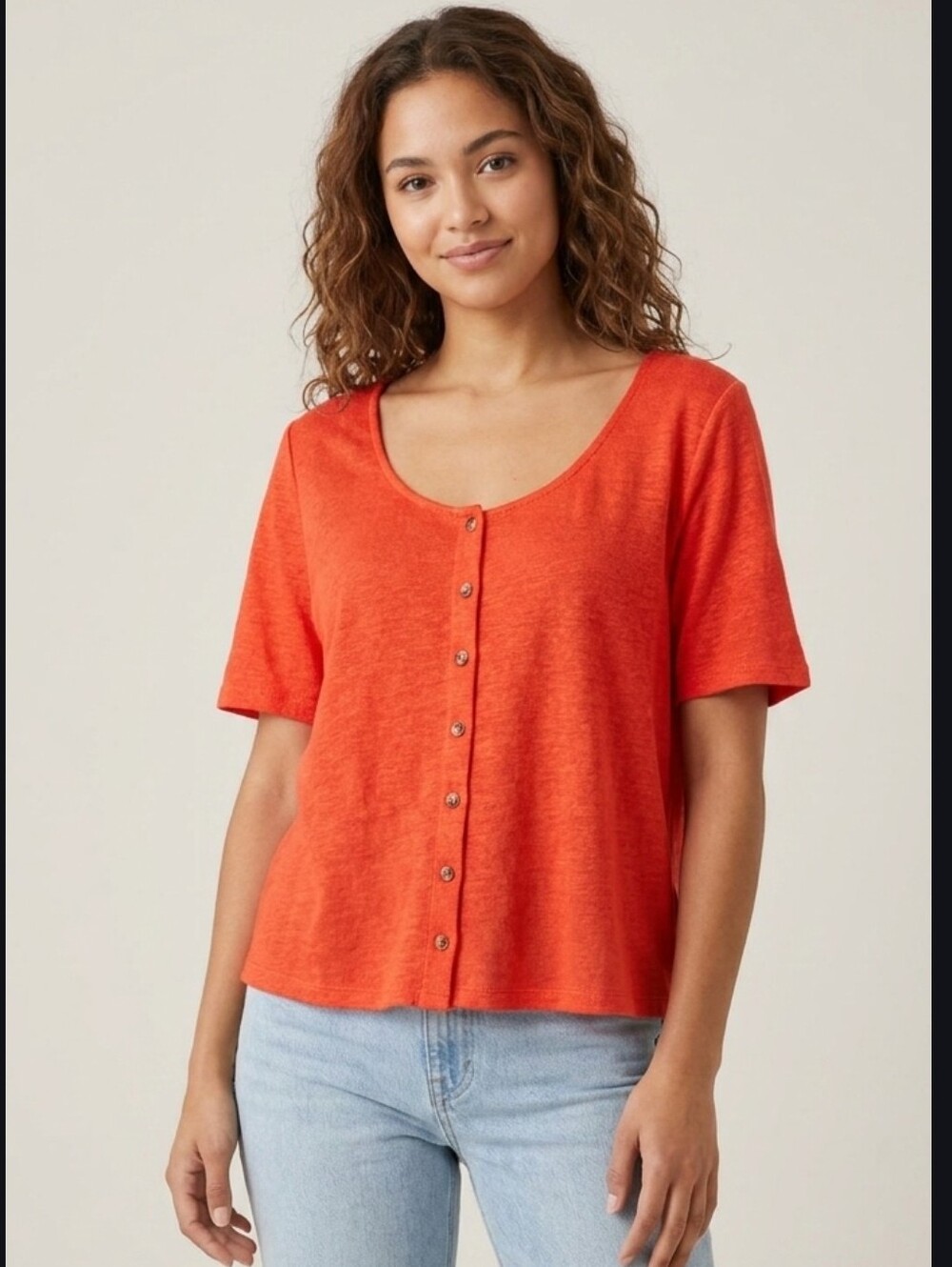 Boden Red Linen Scoop Neck Button Up Tee Top US 12